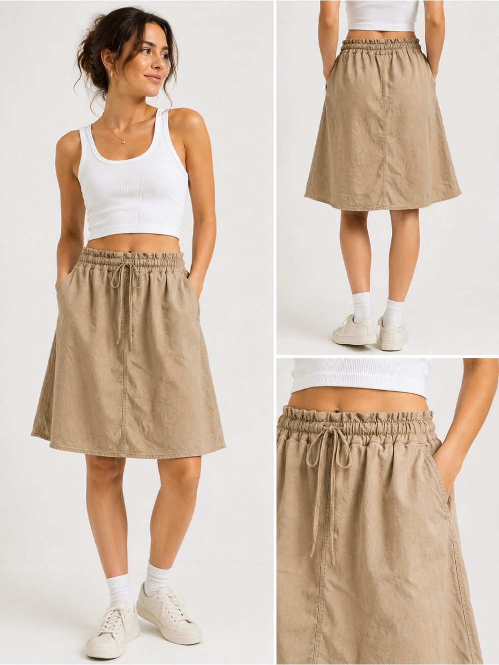 H&M Linen Blend A-Line Skirt Women’s Size 8 Beige Tan Drawstring Elastic Waist